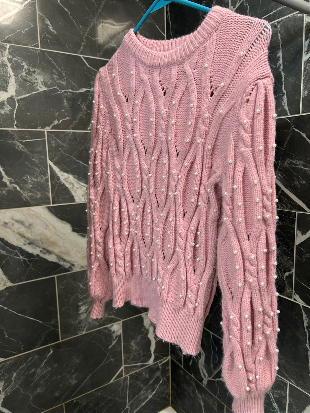 Alice Blue Pearl-Embellished Pink Cable-Knit Crewneck Sweater